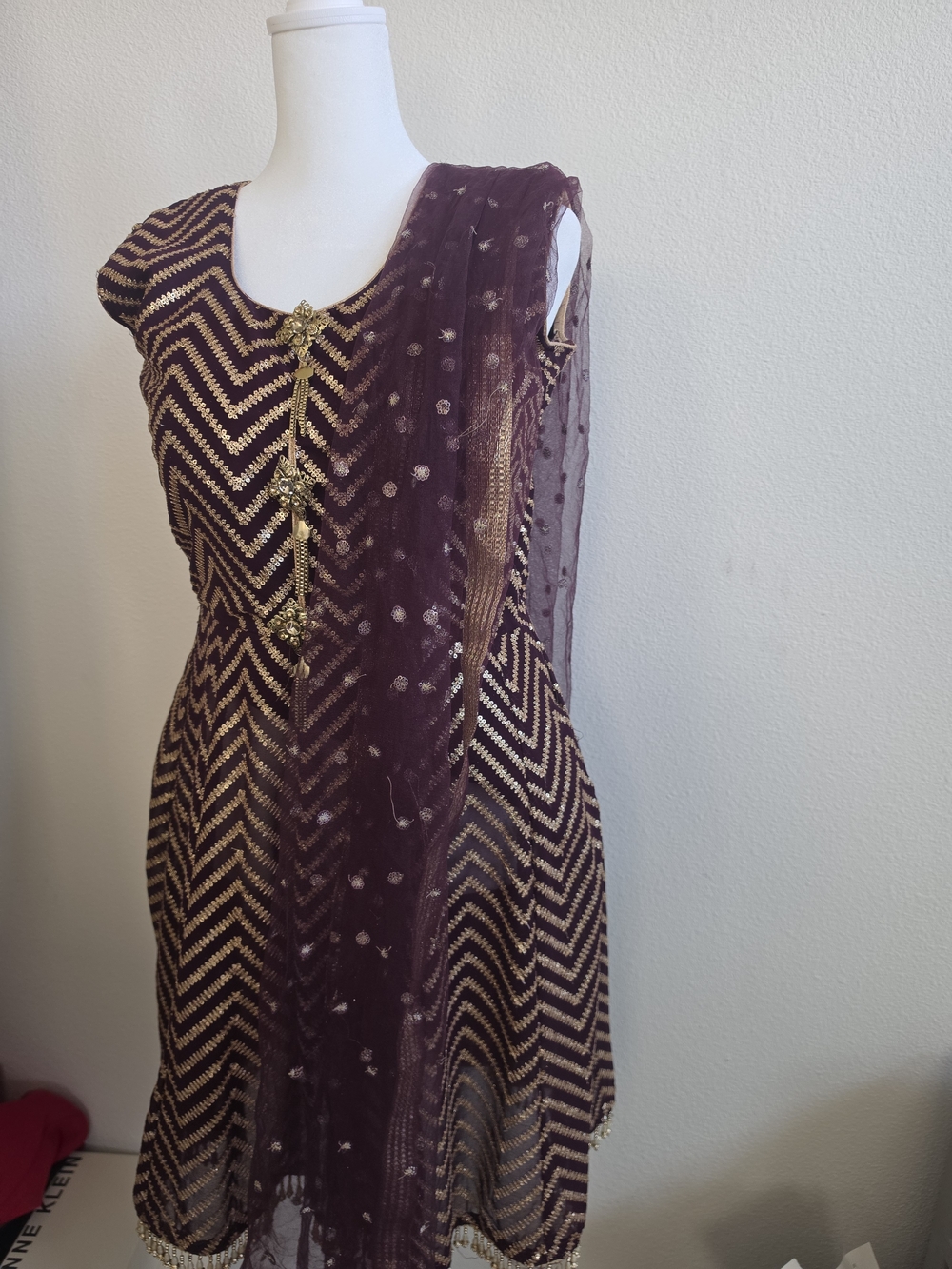 SHARARA PLUM & Gold Chevron Party Dress with Embellished Detail